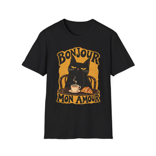 Bonjour Mon Amour Cat T-Shirt — French Café Cat Coffee & Croissant Tee