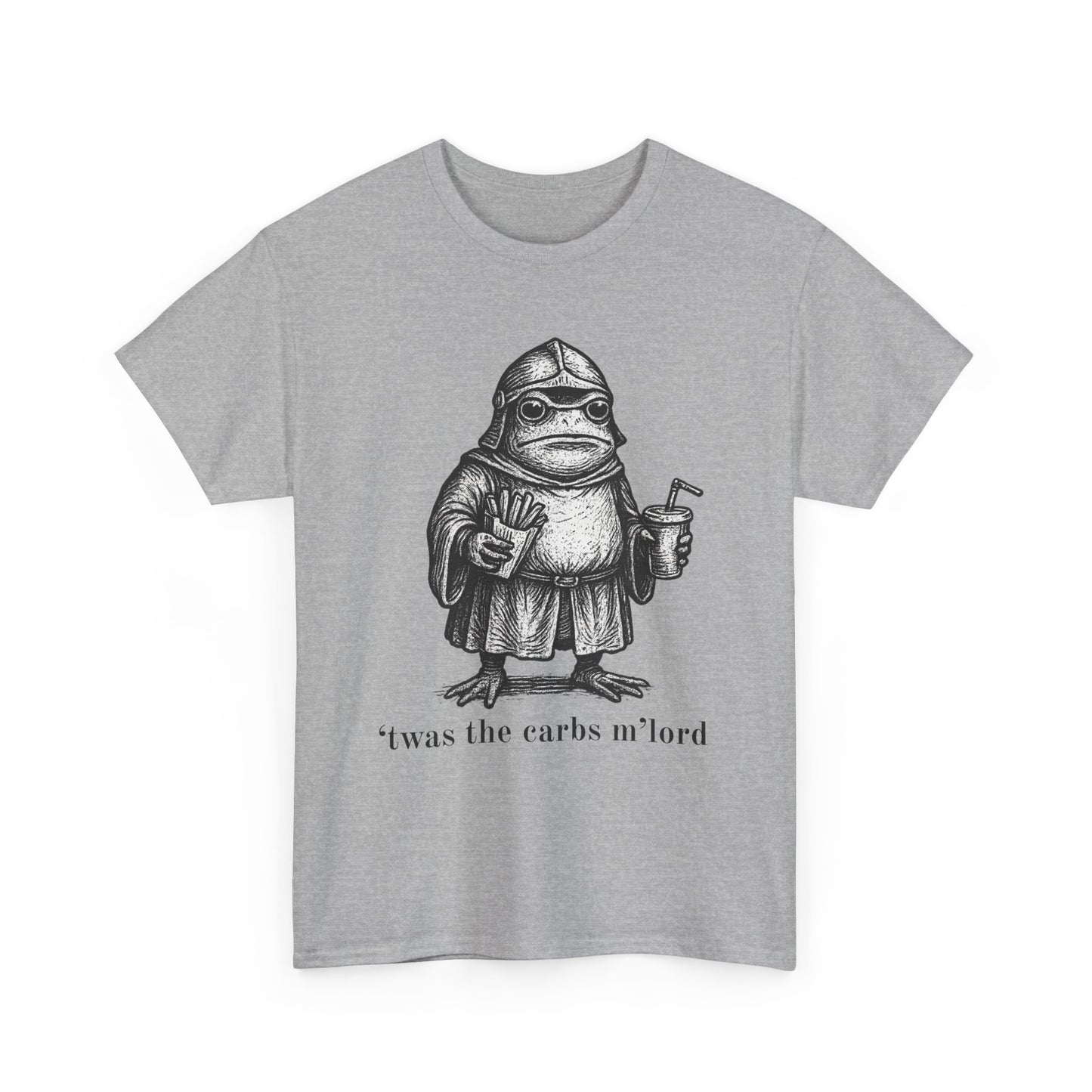 T-Shirt — 'It was the carbs m'lord'  Funny Frog Knight Graphic Tee