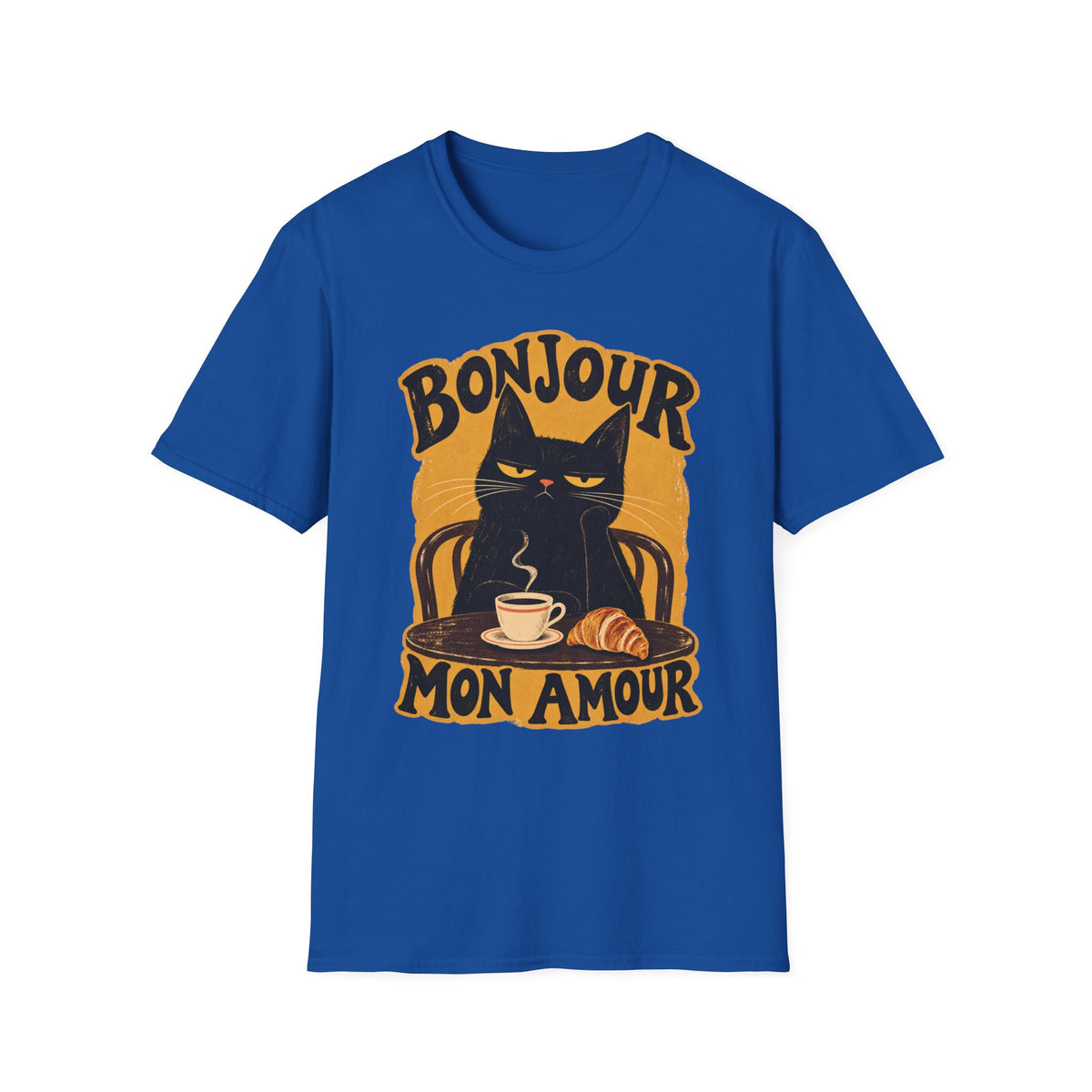 Bonjour Mon Amour Cat T-Shirt — French Café Cat Coffee & Croissant Tee