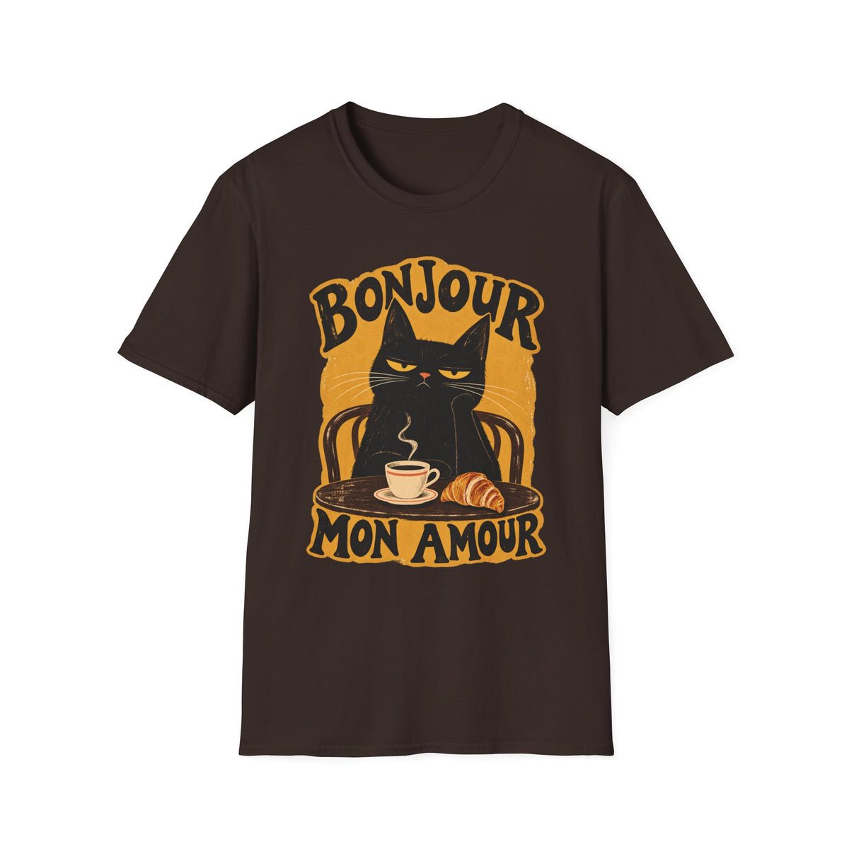Bonjour Mon Amour Cat T-Shirt — French Café Cat Coffee & Croissant Tee