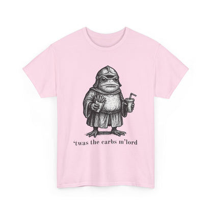 T-Shirt — 'It was the carbs m'lord'  Funny Frog Knight Graphic Tee