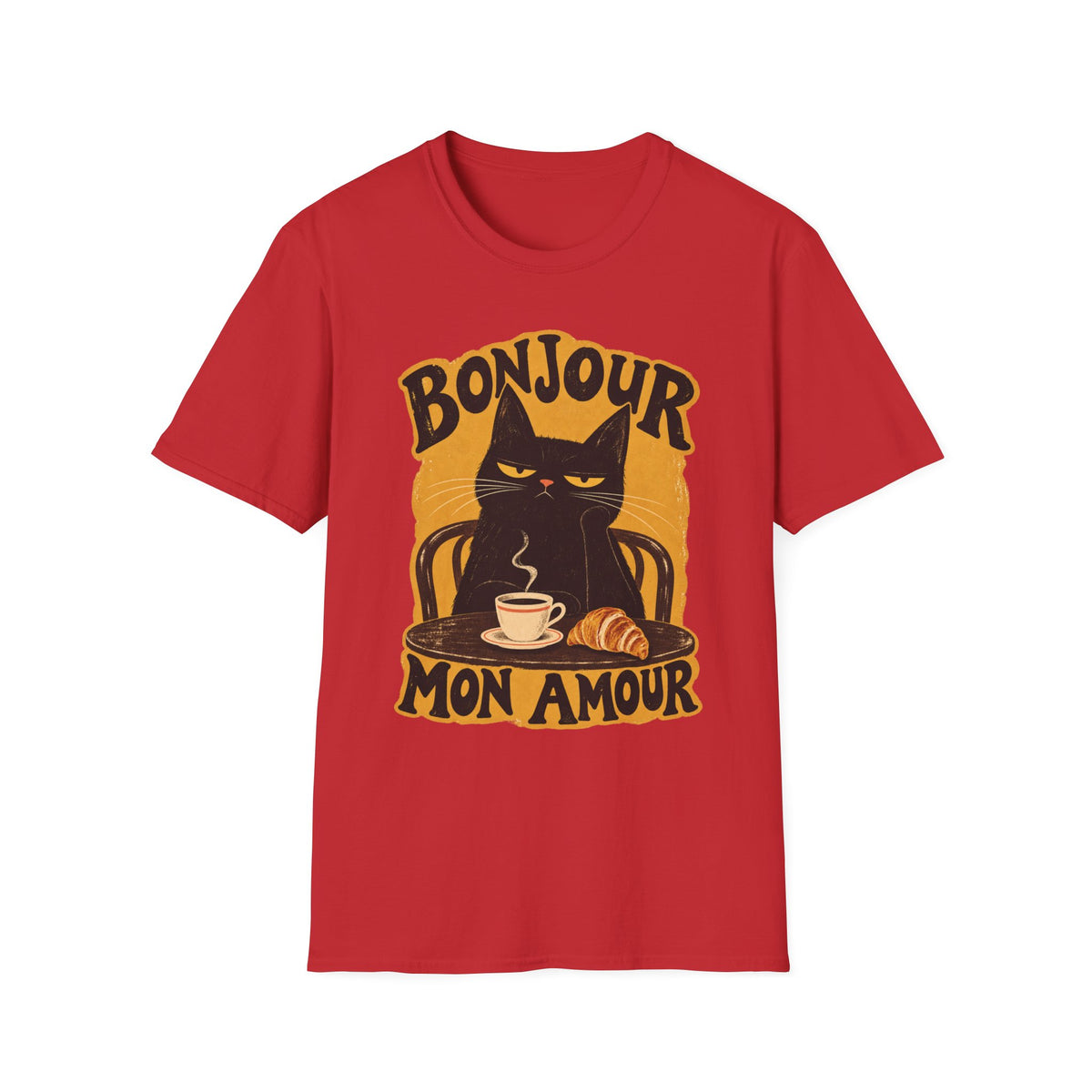 Bonjour Mon Amour Cat T-Shirt — French Café Cat Coffee & Croissant Tee