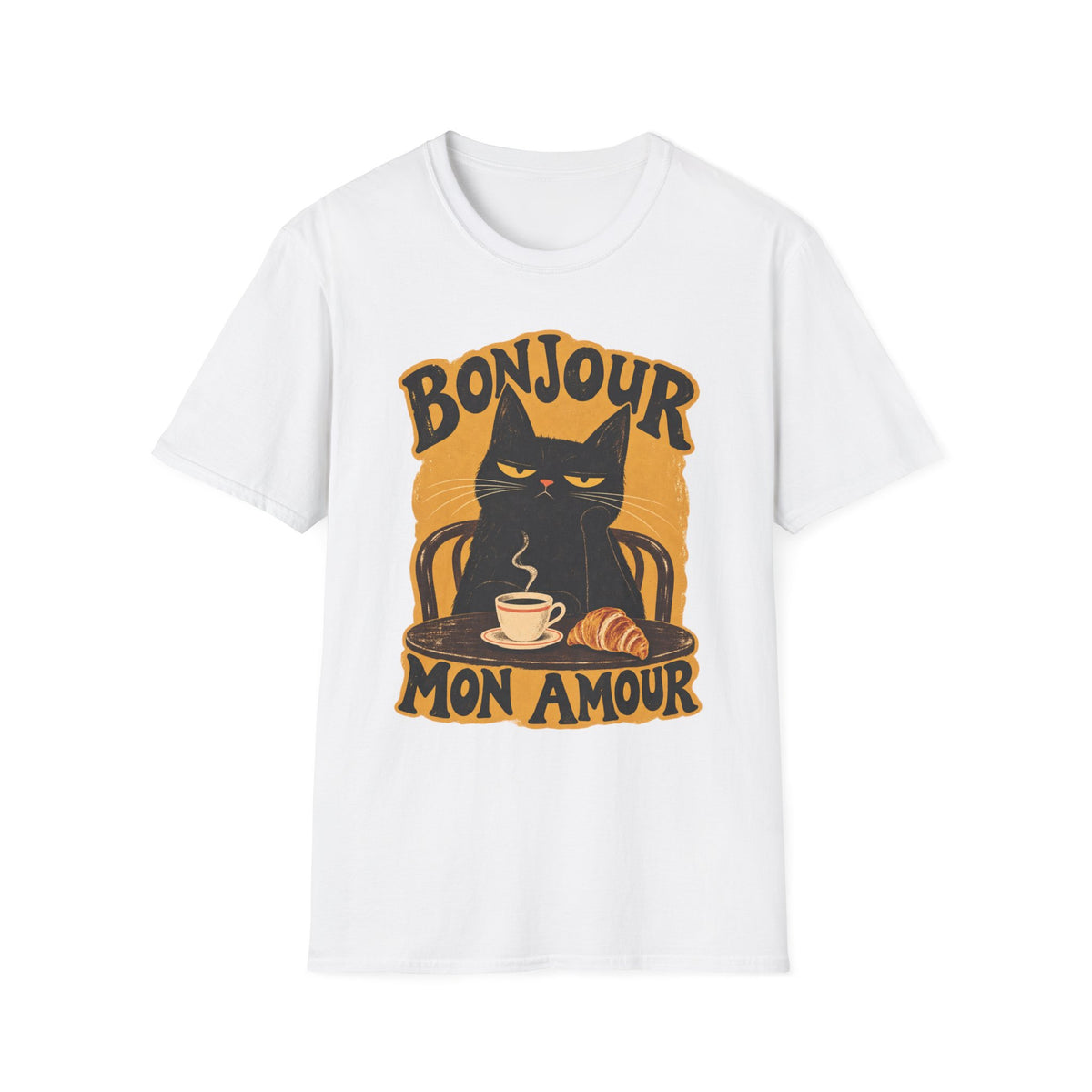 Bonjour Mon Amour Cat T-Shirt — French Café Cat Coffee & Croissant Tee