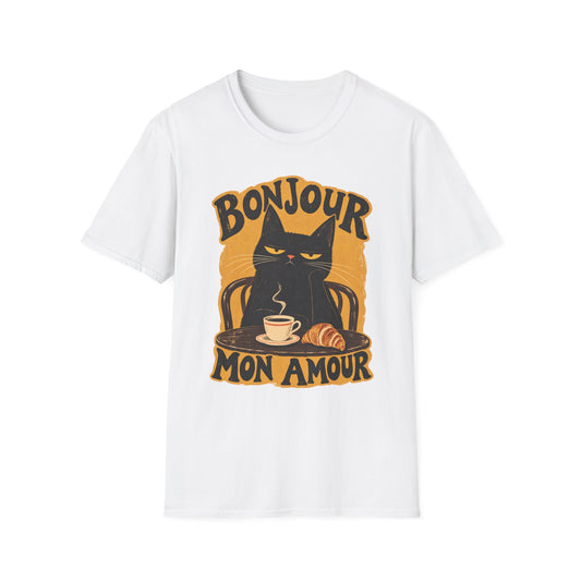 Bonjour Mon Amour Cat T-Shirt — French Café Cat Coffee & Croissant Tee
