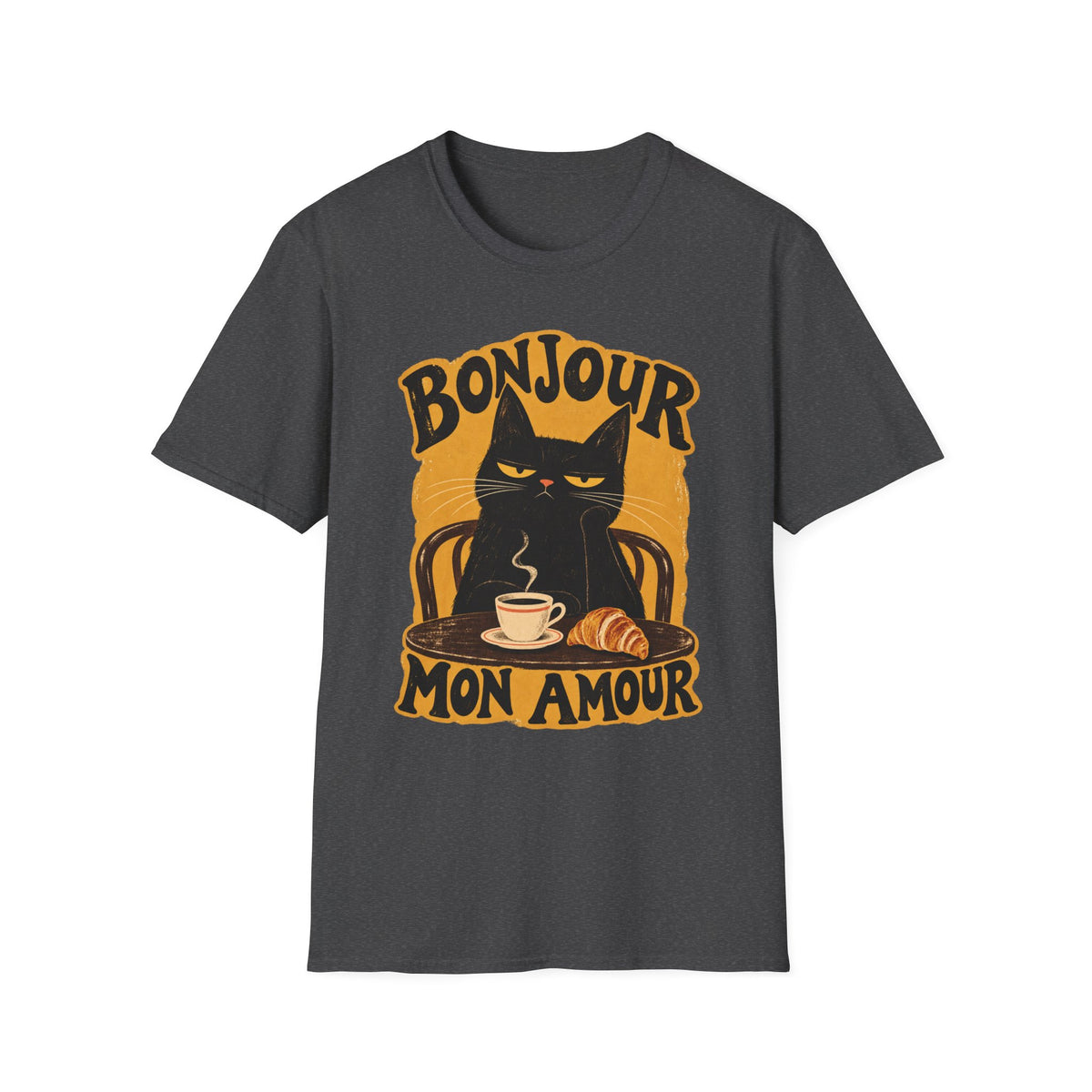 Bonjour Mon Amour Cat T-Shirt — French Café Cat Coffee & Croissant Tee