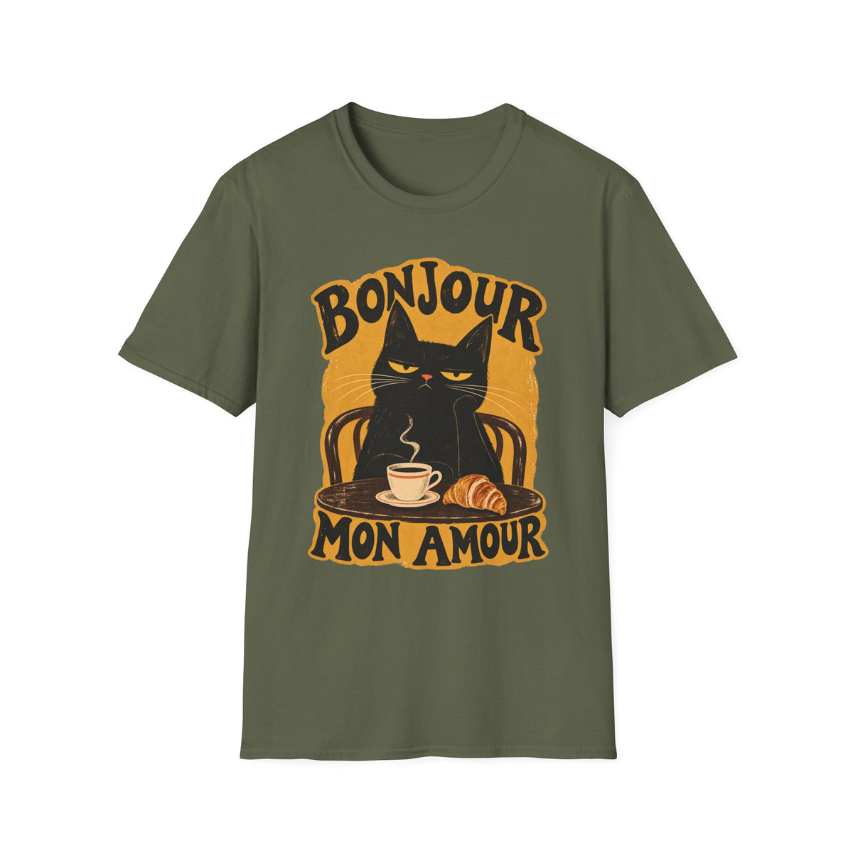 Bonjour Mon Amour Cat T-Shirt — French Café Cat Coffee & Croissant Tee