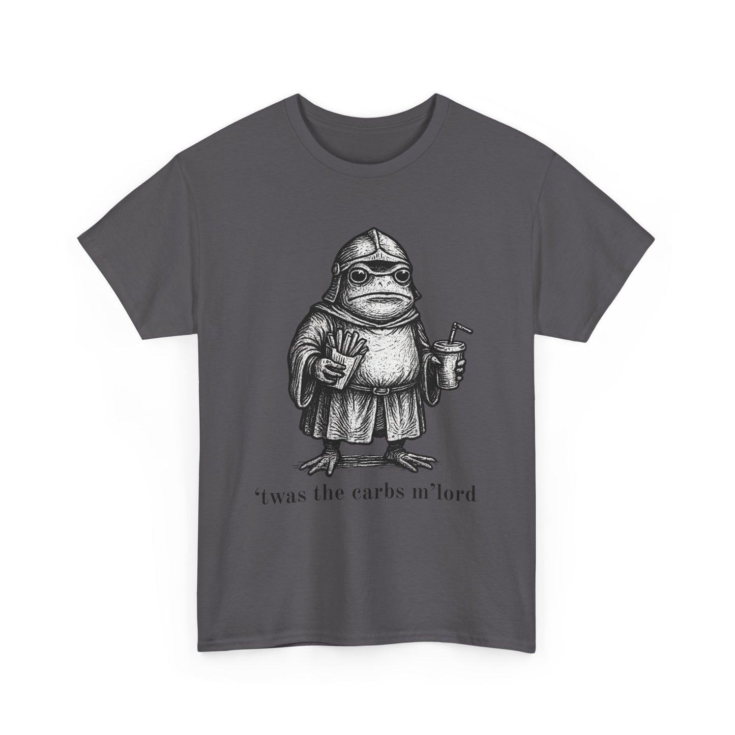 T-Shirt — 'It was the carbs m'lord'  Funny Frog Knight Graphic Tee