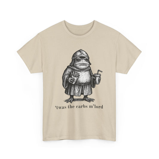T-Shirt — 'It was the carbs m'lord'  Funny Frog Knight Graphic Tee
