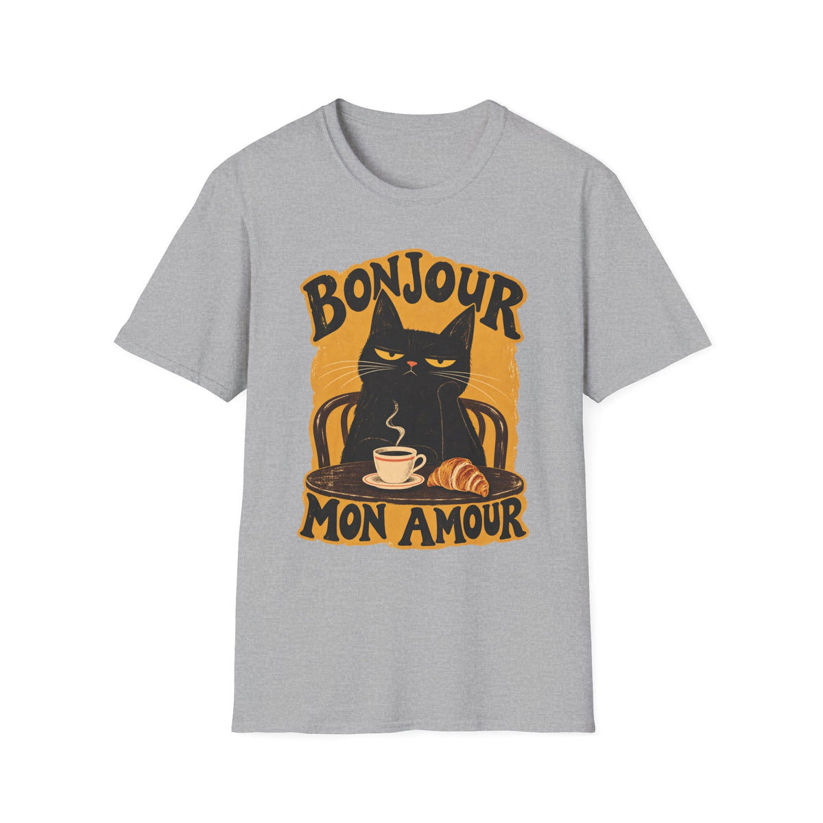 Bonjour Mon Amour Cat T-Shirt — French Café Cat Coffee & Croissant Tee
