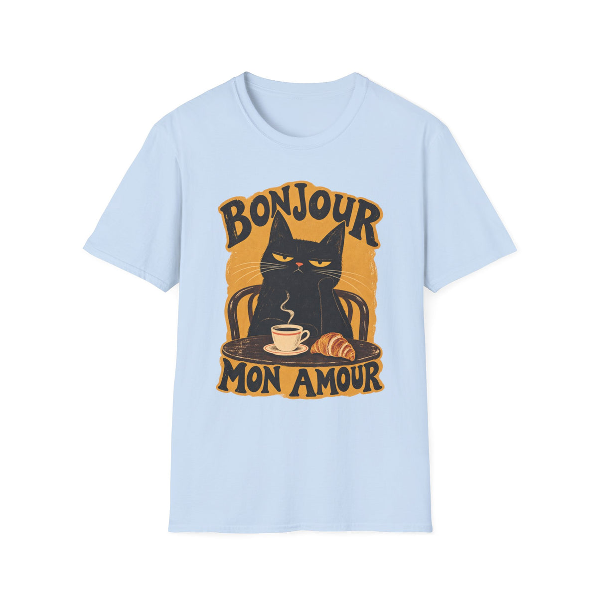 Bonjour Mon Amour Cat T-Shirt — French Café Cat Coffee & Croissant Tee