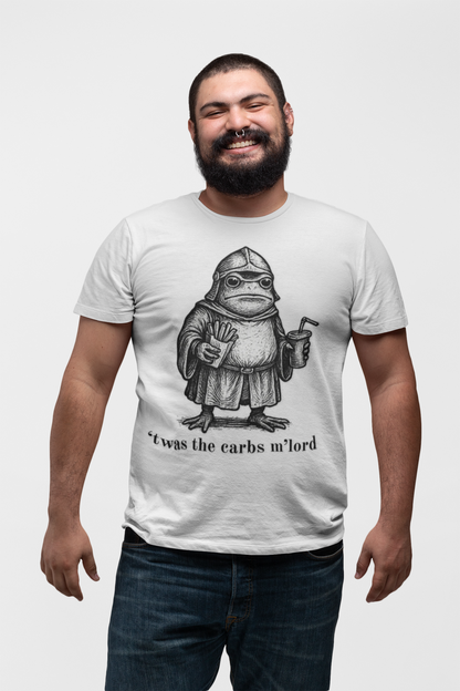 T-Shirt — 'It was the carbs m'lord'  Funny Frog Knight Graphic Tee