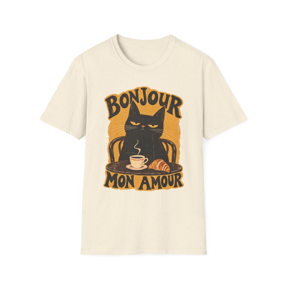 Bonjour Mon Amour Cat T-Shirt — French Café Cat Coffee & Croissant Tee
