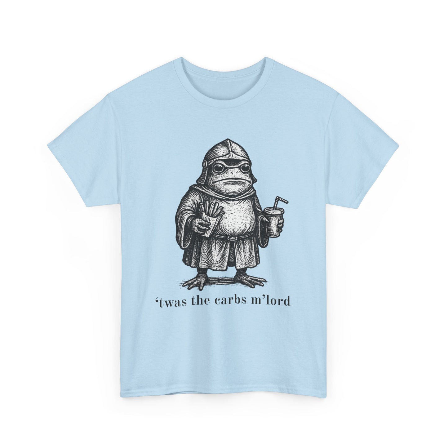 T-Shirt — 'It was the carbs m'lord'  Funny Frog Knight Graphic Tee