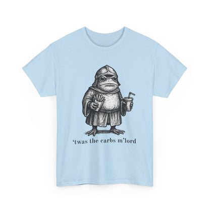 T-Shirt — 'It was the carbs m'lord'  Funny Frog Knight Graphic Tee