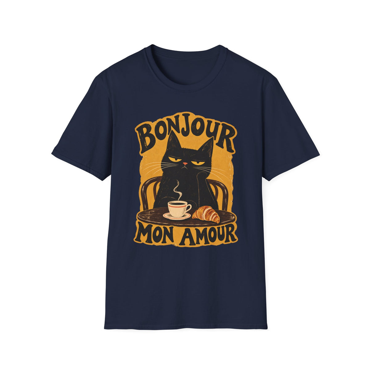 Bonjour Mon Amour Cat T-Shirt — French Café Cat Coffee & Croissant Tee