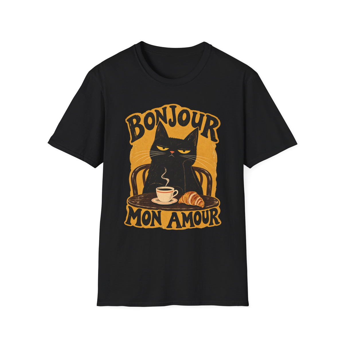 Bonjour Mon Amour Cat T-Shirt — French Café Cat Coffee & Croissant Tee