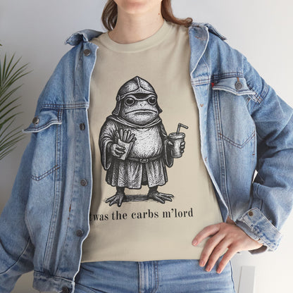 T-Shirt — 'It was the carbs m'lord'  Funny Frog Knight Graphic Tee